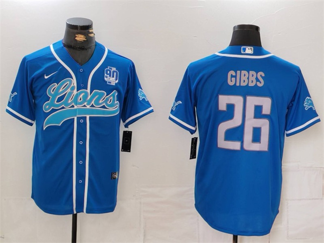 Men's Detroit Lions #26 Jahmyr Gibbs Blue With 90th Anniversary Patch Cool Base Stitched Baseball Jersey Men's Detroit Lions #26 Jahmyr Gibbs Blue With 90th Anniversary Patch Cool Base Stitched Baseball Jersey